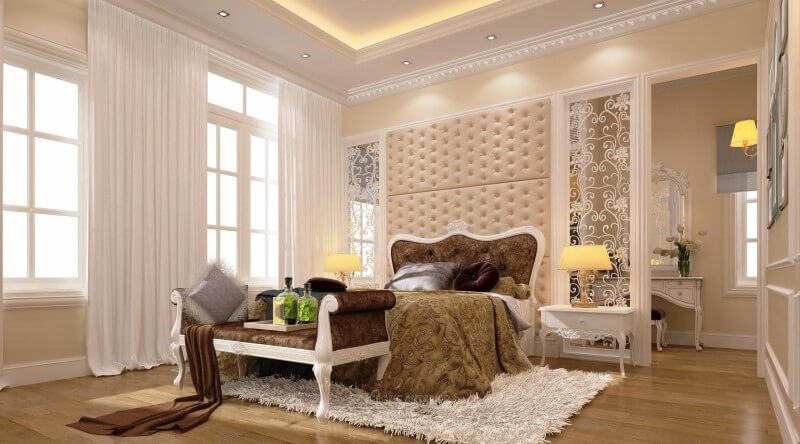 Thiết kế giường ngủ bọc nỉ tân cổ điển gỗ tần bì phun sơn cao cấp, sang trọng cho nhà biệt thự